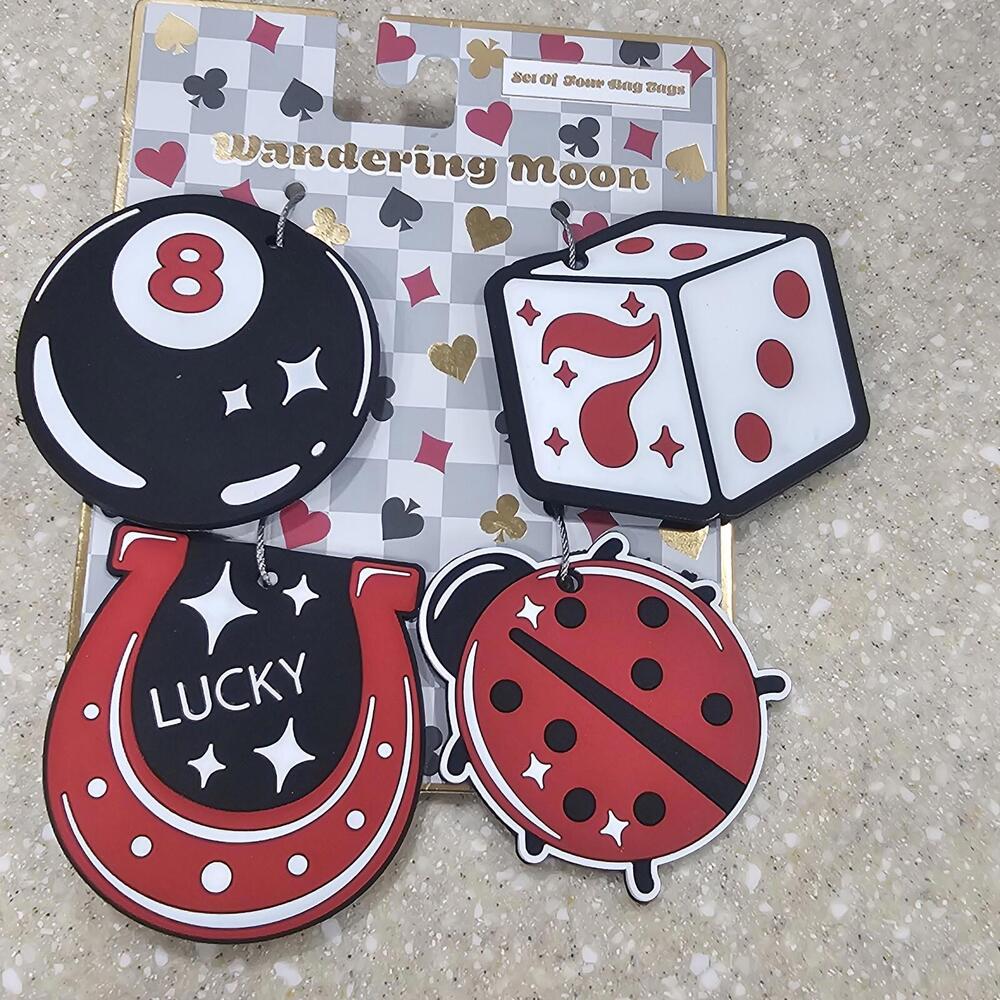 Wandering Moon 4 pcs Luggage Tags Lucky 7, 8 Ball, Horseshoe, Lady Bug NWT